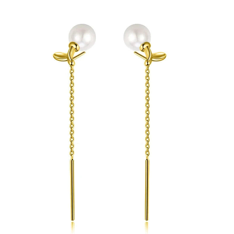 Aretes Largos Hoja y Perla con Borla