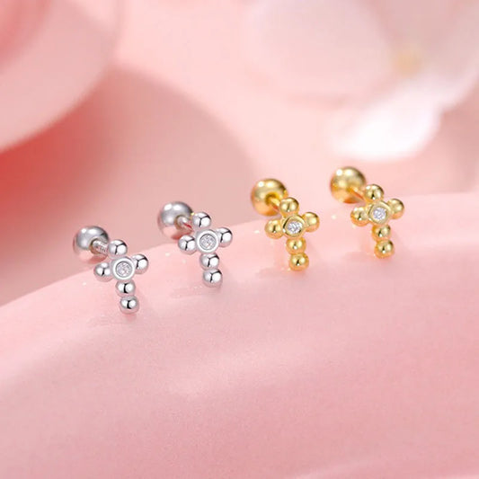 Aretes Cruz con Zirconias y Rosca en Dos Modelos