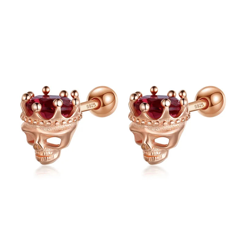 Aretes Calavera con Corona y Zirconia Roja