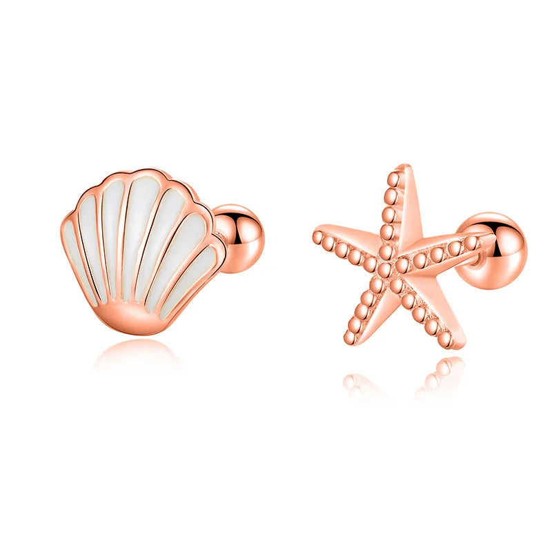 Aretes Asimétricos Estrella de Mar y Concha con Rosca
