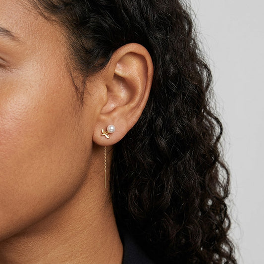 Aretes Largos Hoja y Perla con Borla