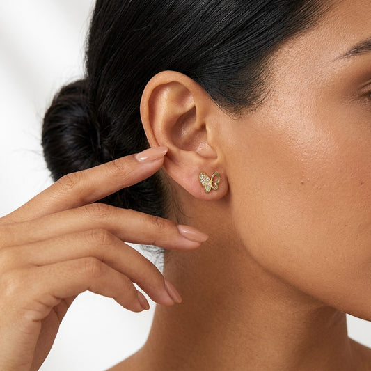 Aretes Mariposa con Zirconias en Tres Tonos