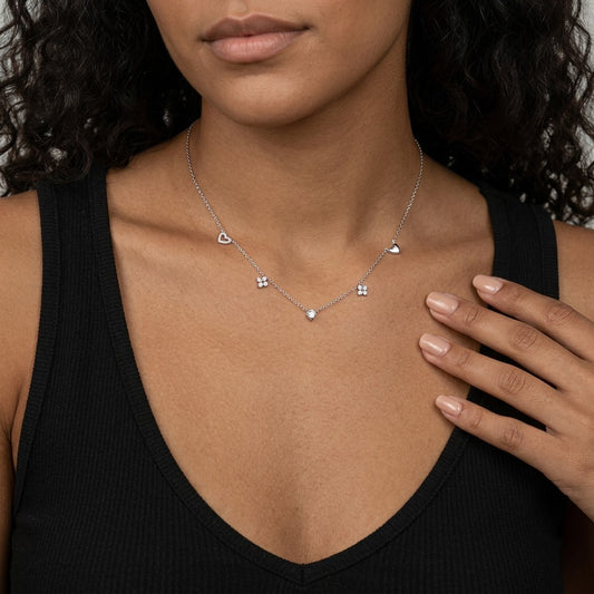 Collar Corazón y Flor con Zirconias Rosas