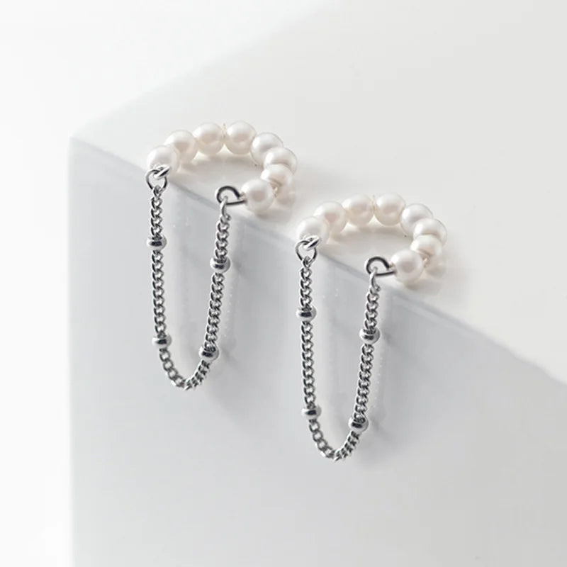 Aretes de Clip con Perla y Cadena