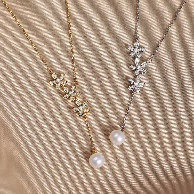 Collar Flor con Perla en Dos Modelos