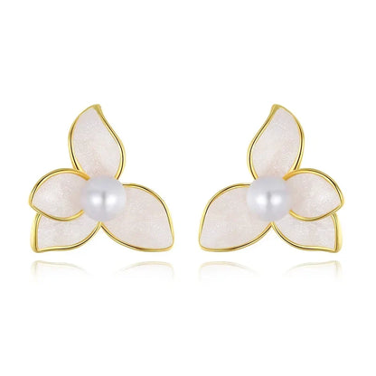 Aretes Flor Dorada Dulce con Perla