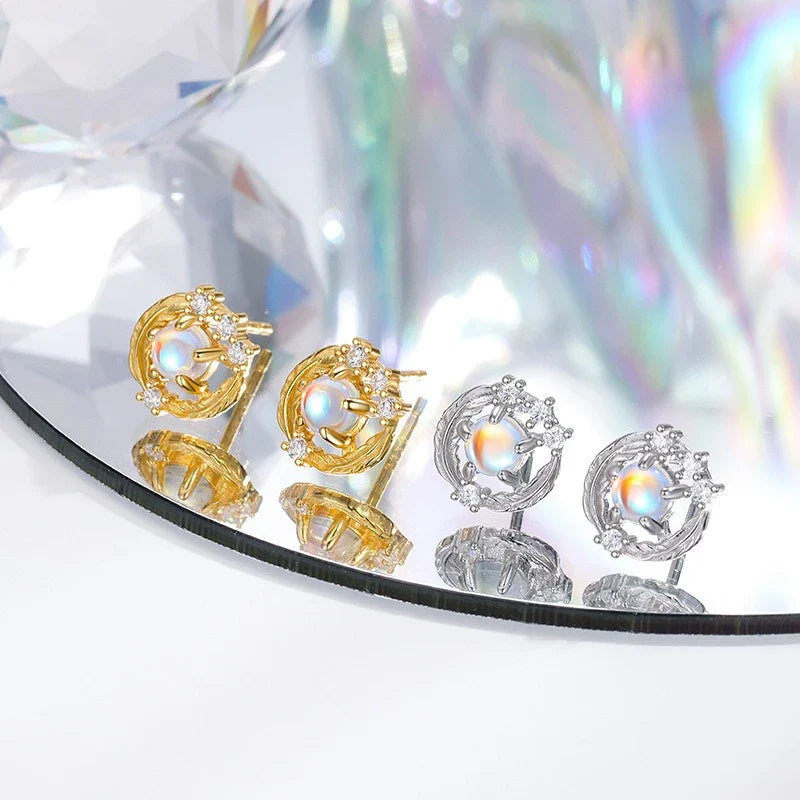 Aretes Pluma con Piedra Luna