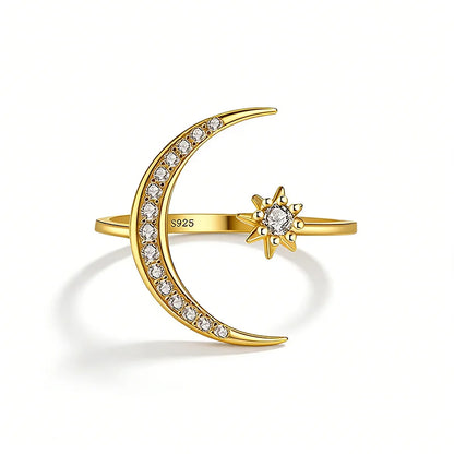Anillo Ajustable Luna y Estrella con Zirconias