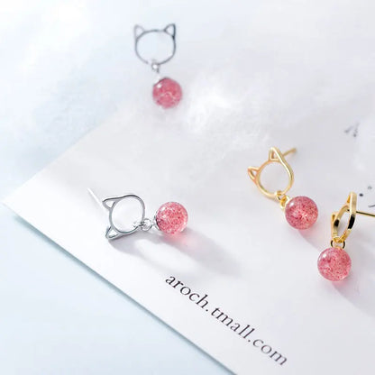 Aretes Gatito y Fresa de Cristal Rosa