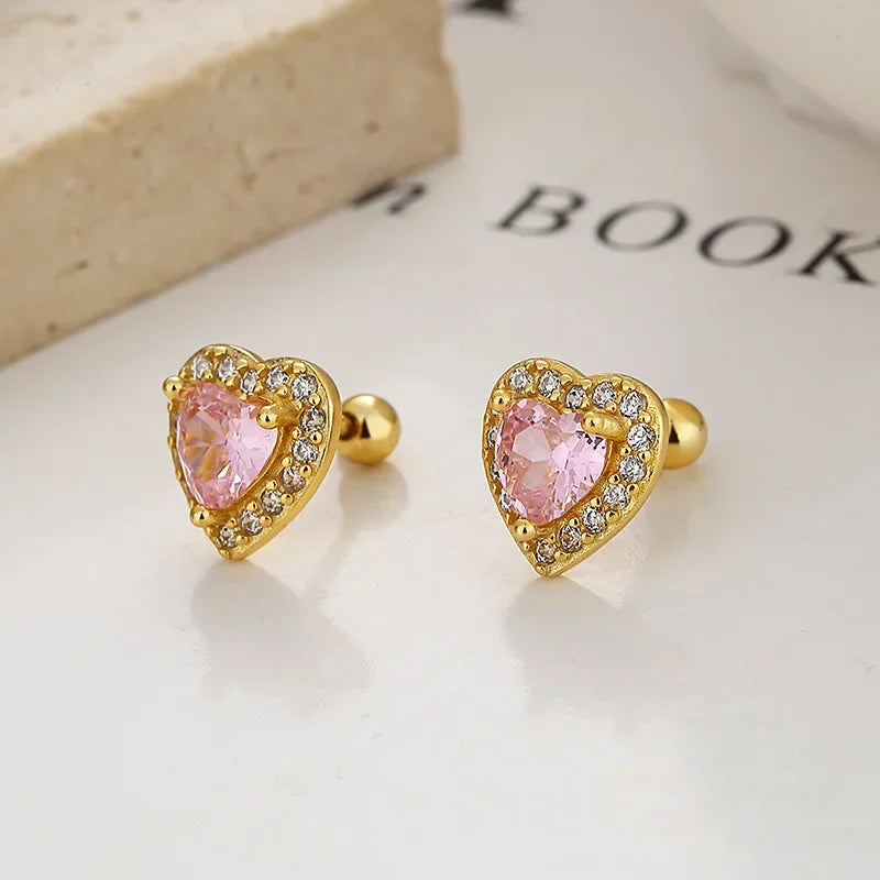 Aretes Corazón Rosa o Rojo con Zirconia