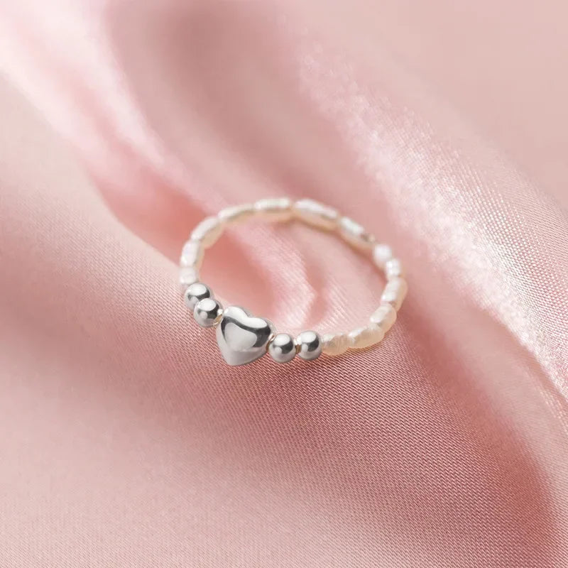 Anillo Elástico de Bolitas con Perla y Corazón