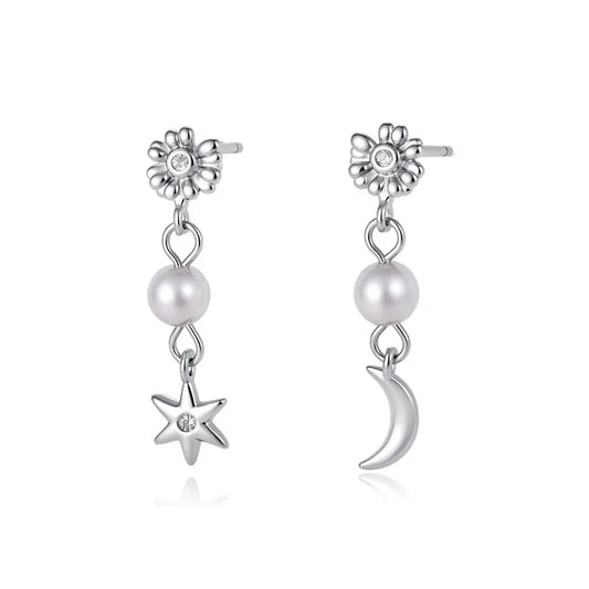 Aretes o Collar Luna y Estrella con Perla