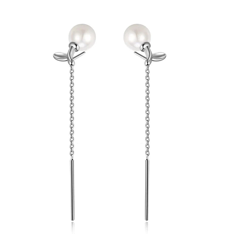 Aretes Largos Hoja y Perla con Borla