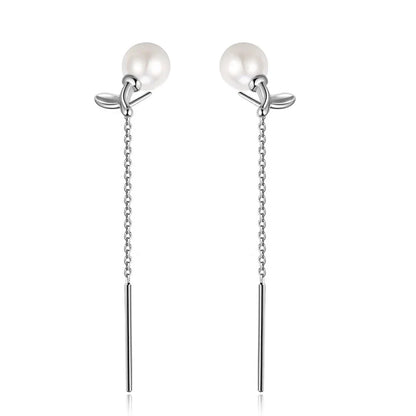Aretes Largos Hoja y Perla con Borla