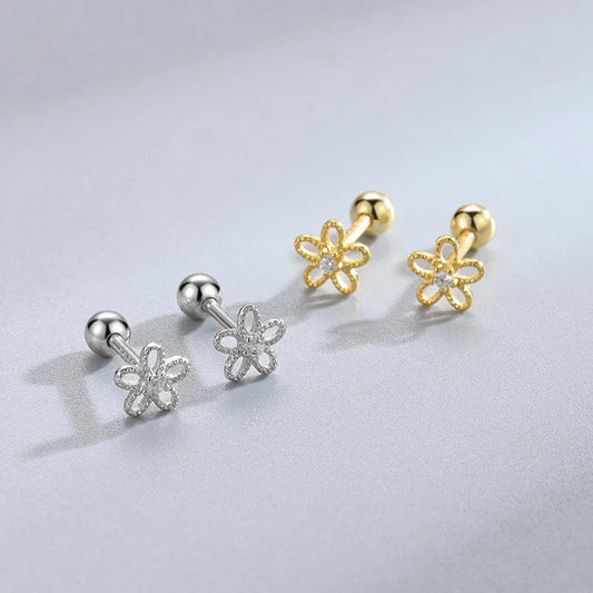 Aretes Flor con Zirconias y Cierre de Rosca