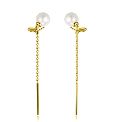 Aretes Largos Hoja y Perla con Borla