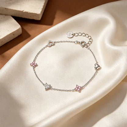 Collar Corazón y Flor con Zirconias Rosas