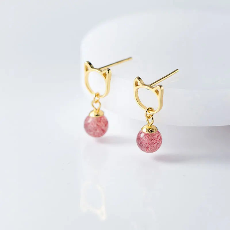 Aretes Gatito y Fresa de Cristal Rosa