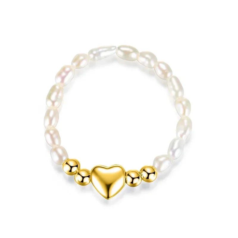 Anillo Elástico de Bolitas con Perla y Corazón