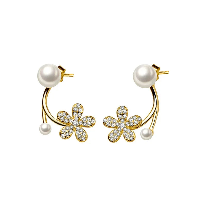 Aretes Flor con Perla y Zirconias