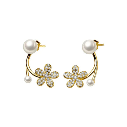 Aretes Flor con Perla y Zirconias