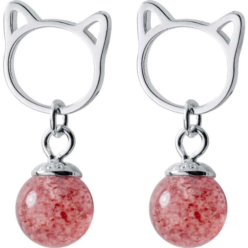 Aretes Gatito y Fresa de Cristal Rosa