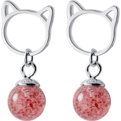 Aretes Gatito y Fresa de Cristal Rosa