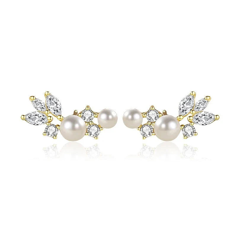 Aretes Hoja con Perla en Plateado o Dorado