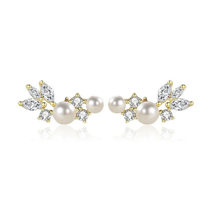 Aretes Hoja con Perla en Plateado o Dorado