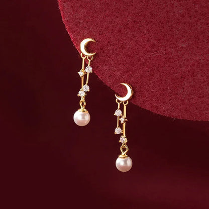 Aretes Luna con Perla y Borla de Zirconias