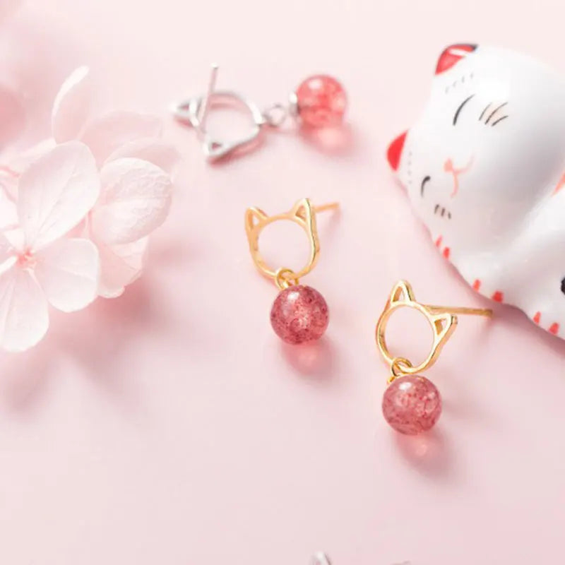 Aretes Gatito y Fresa de Cristal Rosa