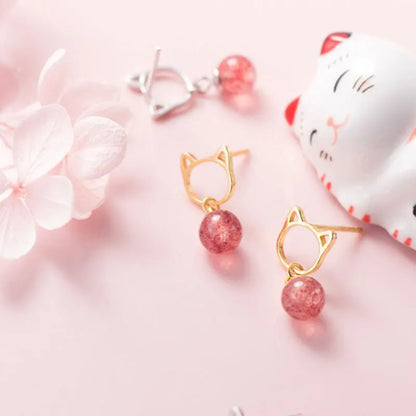 Aretes Gatito y Fresa de Cristal Rosa