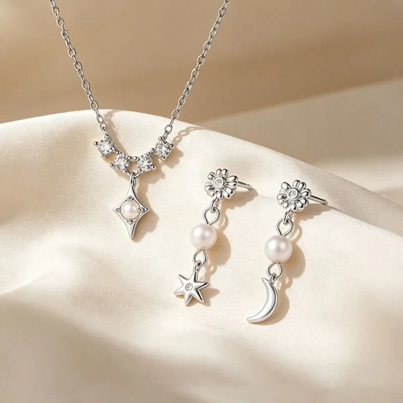 Aretes o Collar Luna y Estrella con Perla