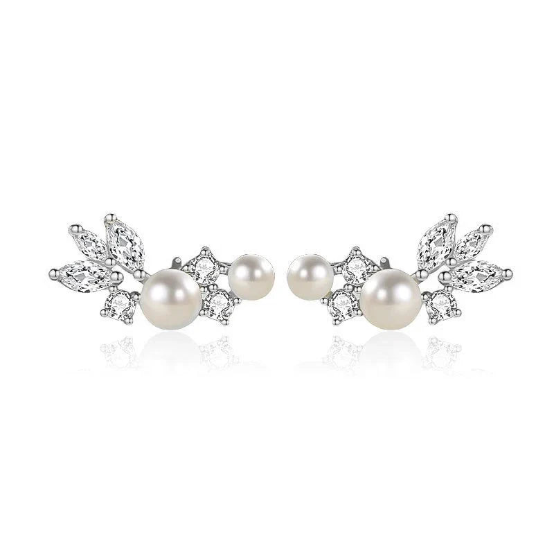 Aretes Hoja con Perla en Plateado o Dorado