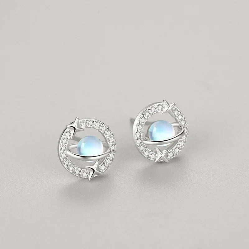 Aretes Planeta con Piedra Luna y Zirconias