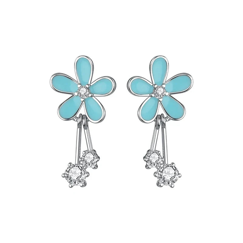 Aretes Flor Esmaltada Azul con Zirconias