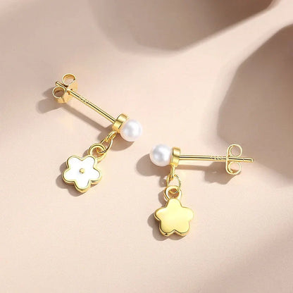 Aretes Colgantes Flor con Perla