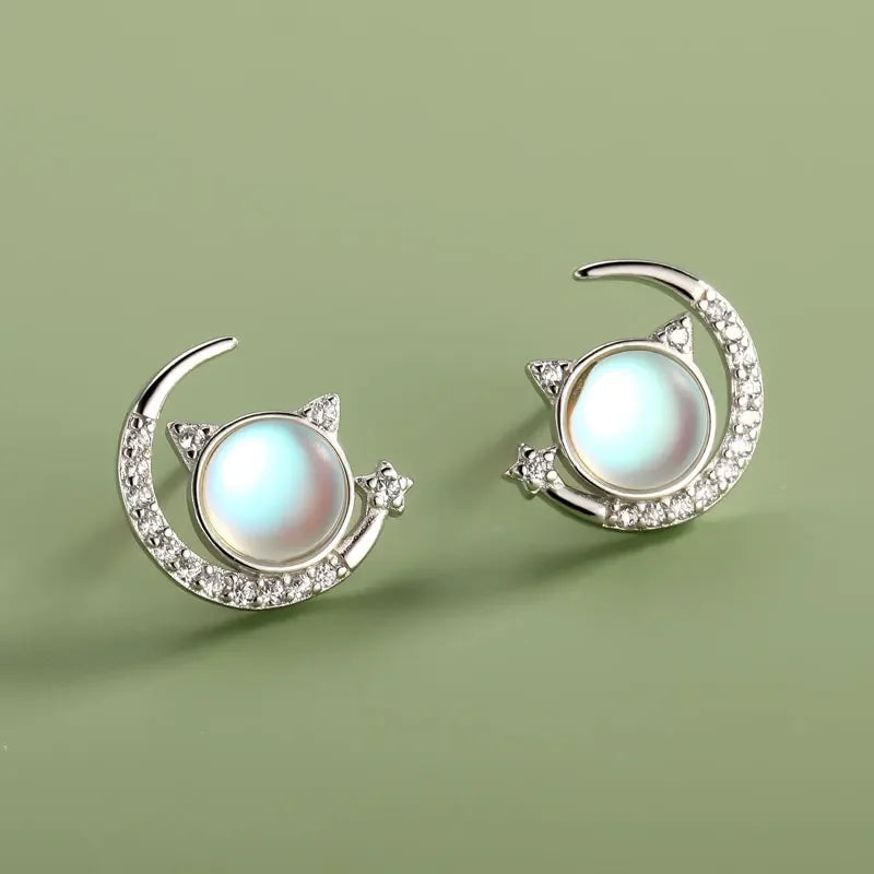 Aretes Gato y Luna con Piedra Luna