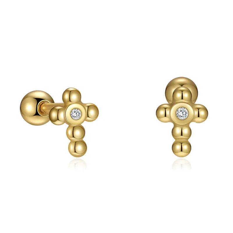 Aretes Cruz con Zirconias y Rosca en Dos Modelos