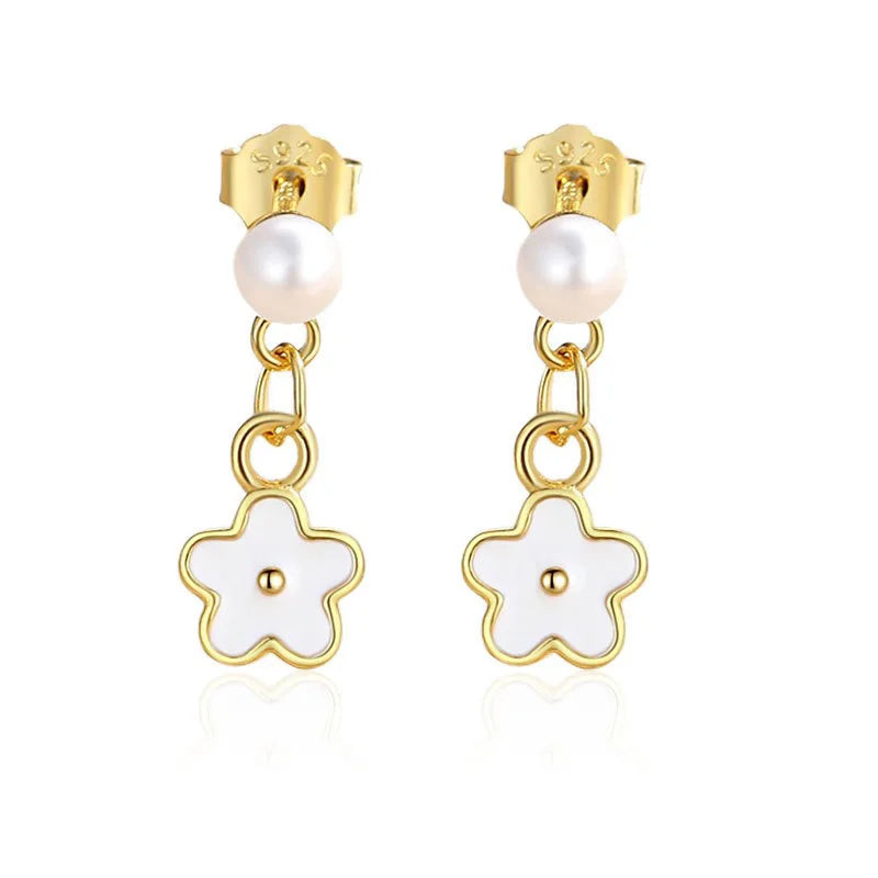 Aretes Colgantes Flor con Perla