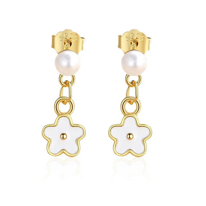 Aretes Colgantes Flor con Perla