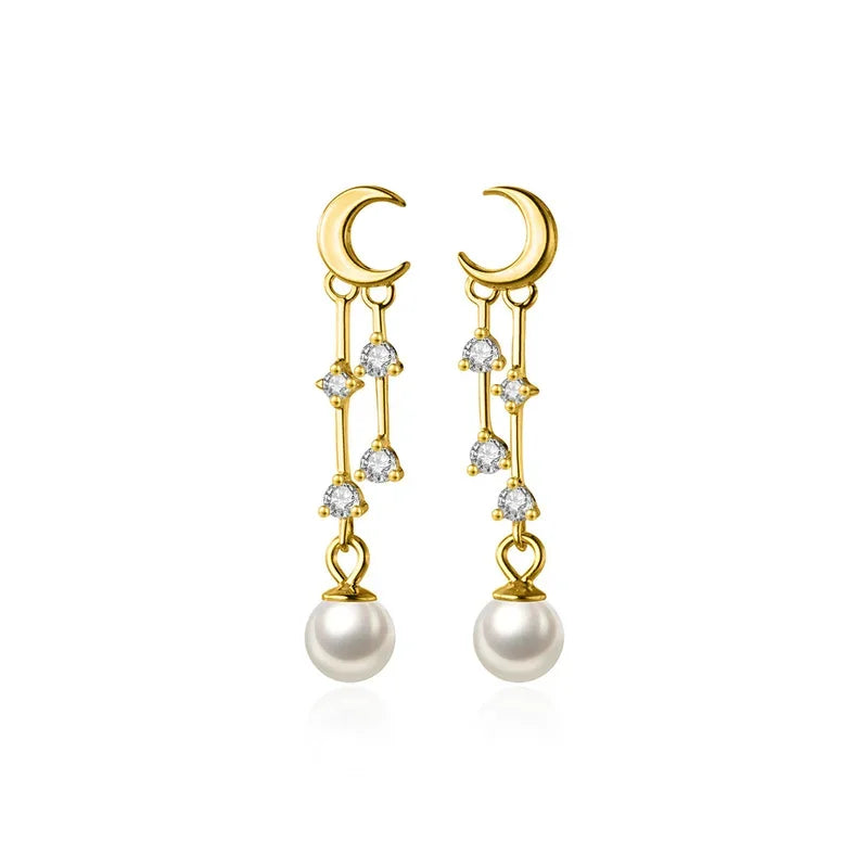 Aretes Luna con Perla y Borla de Zirconias