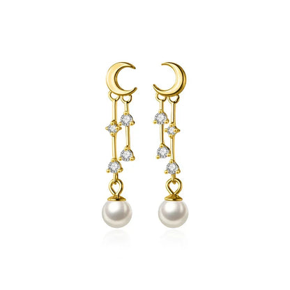 Aretes Luna con Perla y Borla de Zirconias