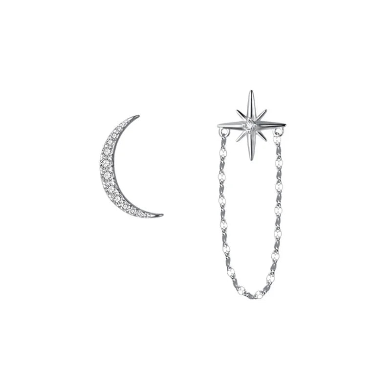 Aretes Asimétricos Luna y Estrella con Cadena