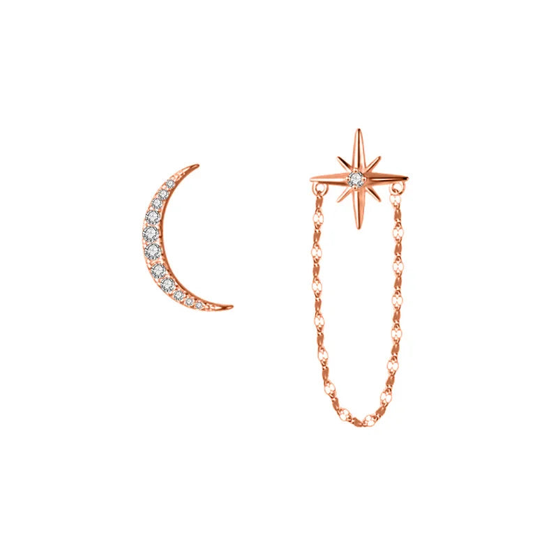 Aretes Asimétricos Luna y Estrella con Cadena