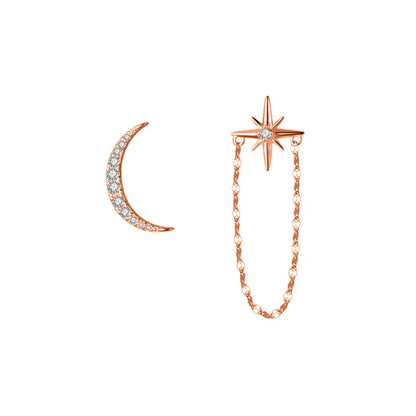 Aretes Asimétricos Luna y Estrella con Cadena