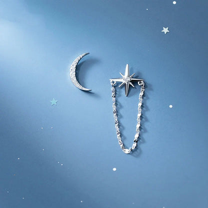 Aretes Asimétricos Luna y Estrella con Cadena