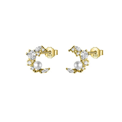 Aretes Luna con Perla Sintética y Zirconia