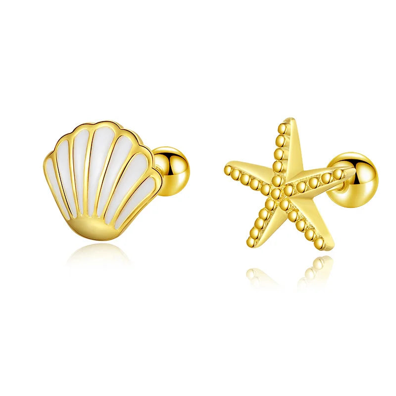 Aretes Asimétricos Estrella de Mar y Concha con Rosca