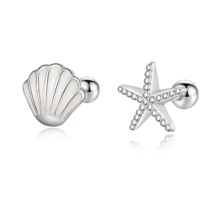 Aretes Asimétricos Estrella de Mar y Concha con Rosca